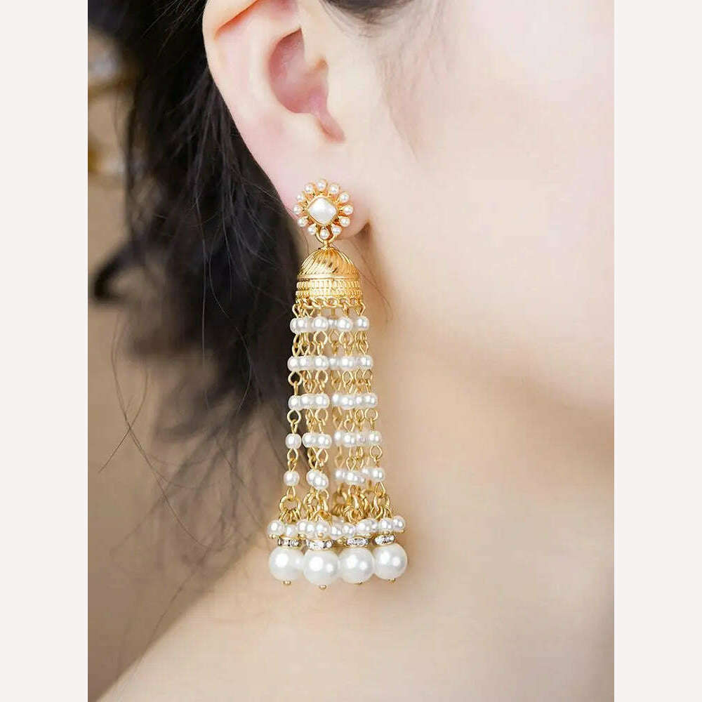 KIMLUD, Vintage Round Geometric Drop Earrings For Women Long Statement Tassel Mini Beads Dangle Earring Party Jewelry 2023 Trending New, WB230403051G904, KIMLUD Women's Clothes