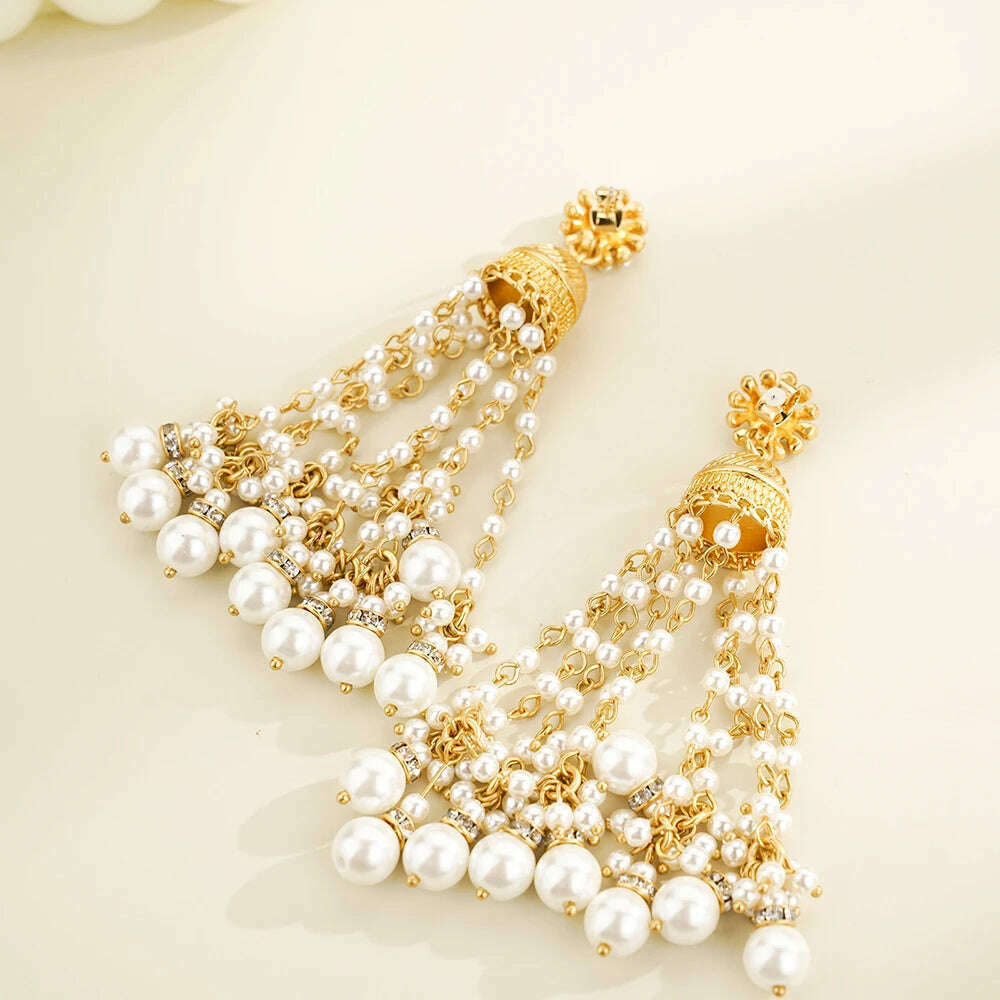 KIMLUD, Vintage Round Geometric Drop Earrings For Women Long Statement Tassel Mini Beads Dangle Earring Party Jewelry 2023 Trending New, KIMLUD Womens Clothes