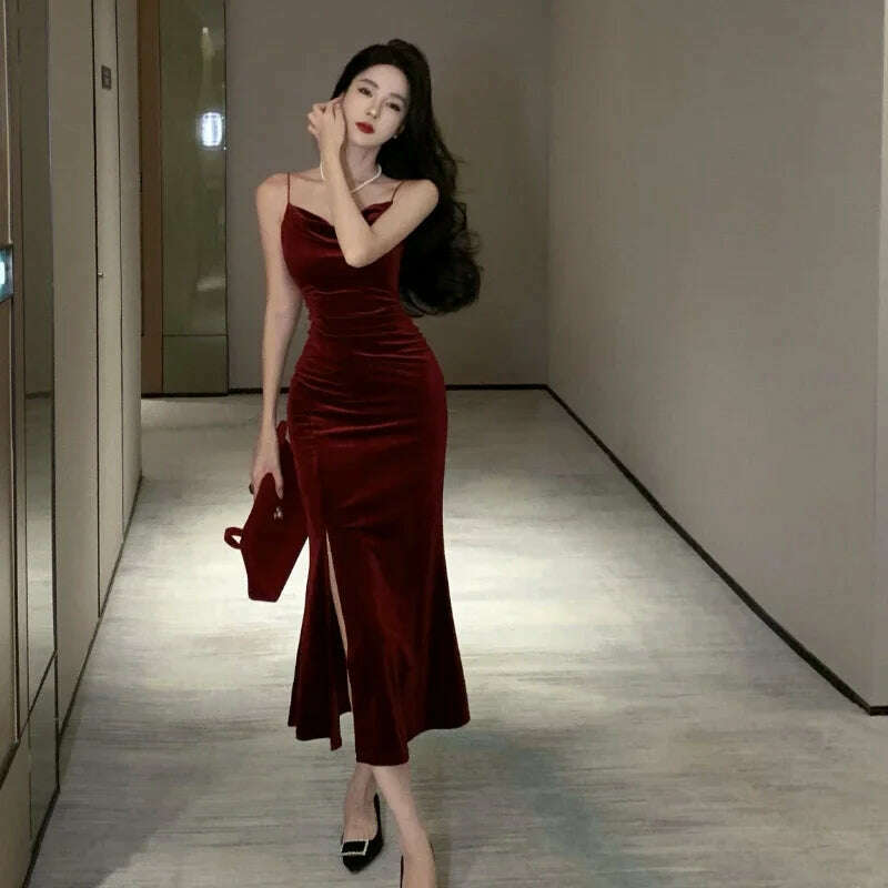 Vintage Sexy Club Prom Red Dresses for Women Spaghetti Strap Slit Velvet Dress Beach Bandage Bodycon Midi Dress Party Elegant - KIMLUD