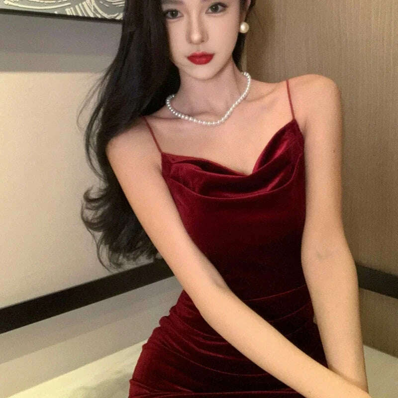 Vintage Sexy Club Prom Red Dresses for Women Spaghetti Strap Slit Velvet Dress Beach Bandage Bodycon Midi Dress Party Elegant - KIMLUD