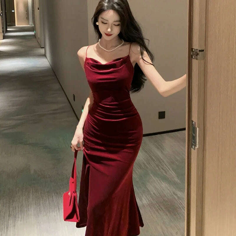 Vintage Sexy Club Prom Red Dresses for Women Spaghetti Strap Slit Velvet Dress Beach Bandage Bodycon Midi Dress Party Elegant - KIMLUD
