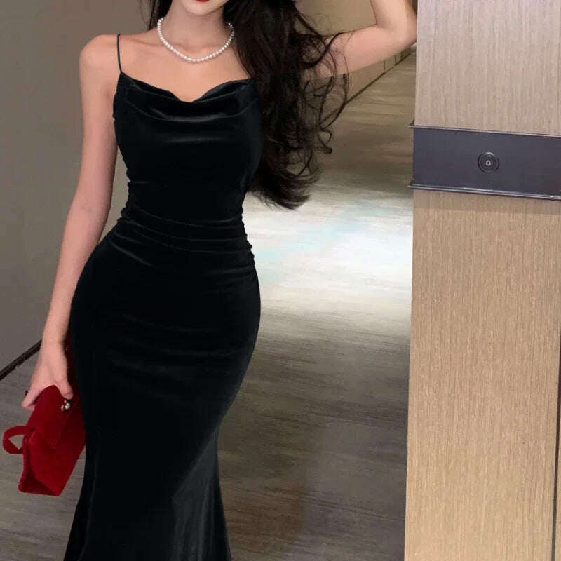 Vintage Sexy Club Prom Red Dresses for Women Spaghetti Strap Slit Velvet Dress Beach Bandage Bodycon Midi Dress Party Elegant - KIMLUD