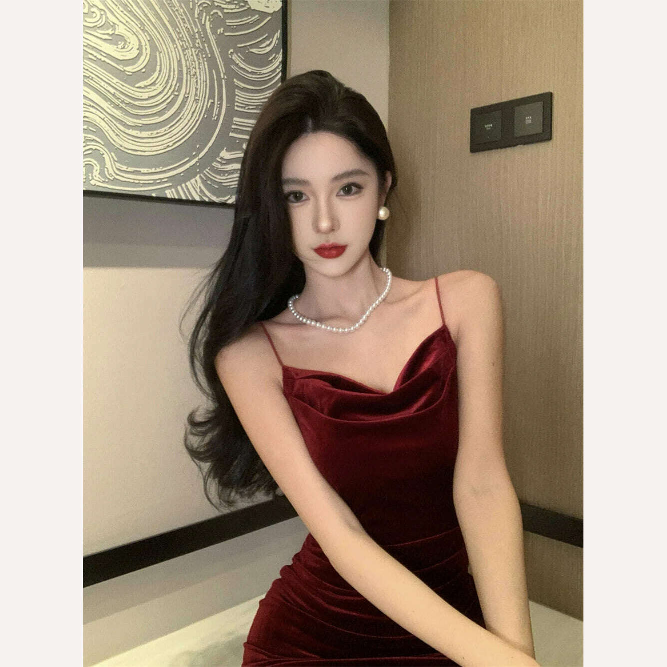 Vintage Sexy Club Prom Red Dresses for Women Spaghetti Strap Slit Velvet Dress Beach Bandage Bodycon Midi Dress Party Elegant - KIMLUD
