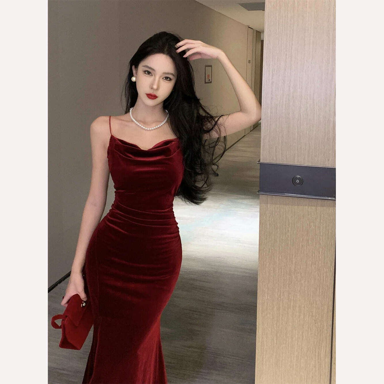 Vintage Sexy Club Prom Red Dresses for Women Spaghetti Strap Slit Velvet Dress Beach Bandage Bodycon Midi Dress Party Elegant - KIMLUD