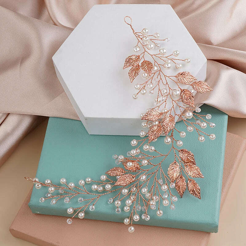 Vintage Silver Leaves Wedding Headbands Handmade Pearls Bridal Headwear Hair Decoration for Party Hair Jewelry - KIMLUD