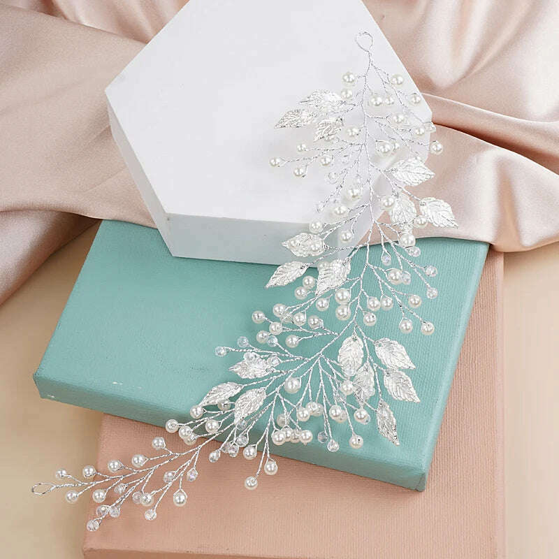 Vintage Silver Leaves Wedding Headbands Handmade Pearls Bridal Headwear Hair Decoration for Party Hair Jewelry - KIMLUD