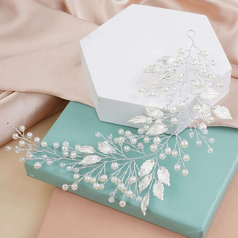 Vintage Silver Leaves Wedding Headbands Handmade Pearls Bridal Headwear Hair Decoration for Party Hair Jewelry - KIMLUD