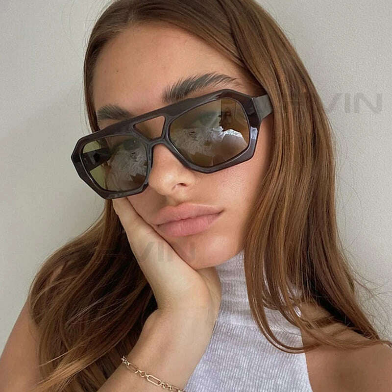 Vintage Square Sunglasses for Women Men Thick Frame Double Bridges Eyewear Female Fashion Chic Polygon Sun Glasses Leopard Blue - KIMLUD