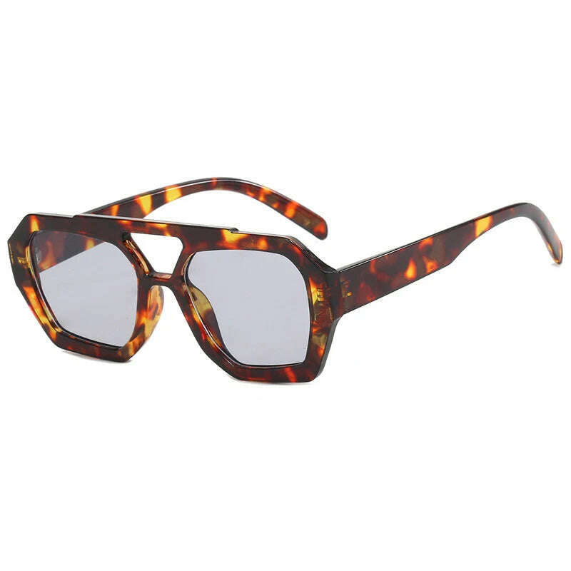 Vintage Square Sunglasses for Women Men Thick Frame Double Bridges Eyewear Female Fashion Chic Polygon Sun Glasses Leopard Blue - KIMLUD