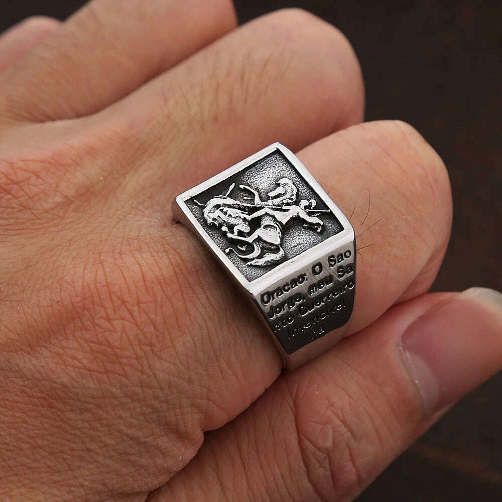KIMLUD, Vintage Stainless Steel Saint Michael Protective Ring Mens Punk Roman Paladin Badge Biker Ring Jewelry Free Shipping, KIMLUD Women's Clothes
