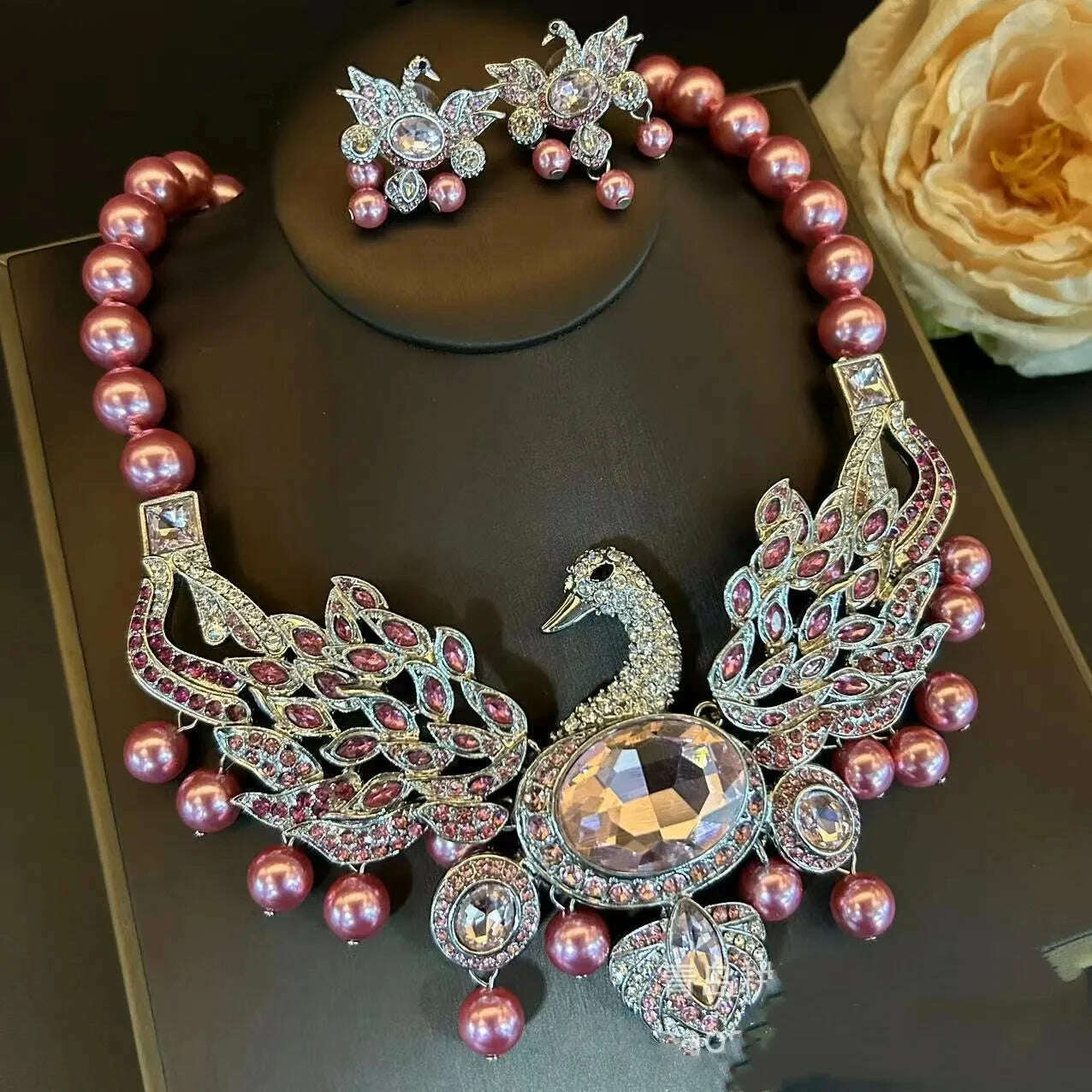 vintage steed animal glass ruby earrings necklace high-end set - KIMLUD