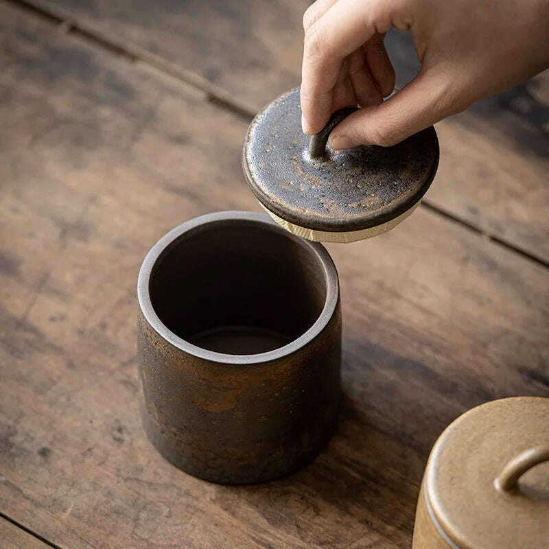 Vintage Stoneware Tea Pot with Lid Ceramic Sealed Food Storage Jar Pu'er Tea Pot Kitchen Nut Candy Storage Bottle Food Container - KIMLUD