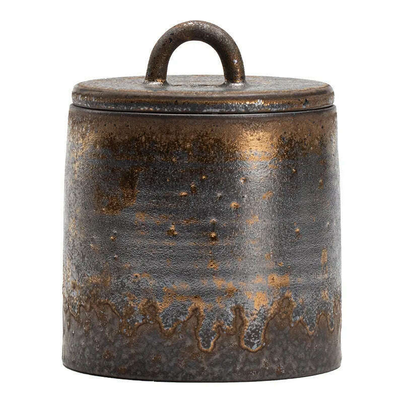 Vintage Stoneware Tea Pot with Lid Ceramic Sealed Food Storage Jar Pu'er Tea Pot Kitchen Nut Candy Storage Bottle Food Container - KIMLUD