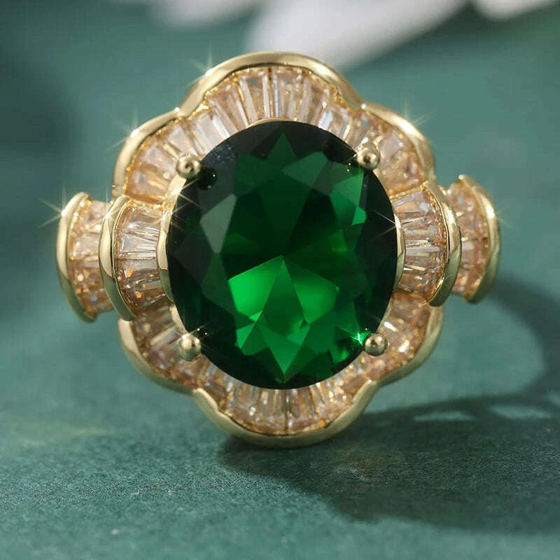 Vintage Temperament Inlaid Oval Synthetic Emerald Golden Rings for Women's Fashion Classic Banquet Festival Jewelry Accessories