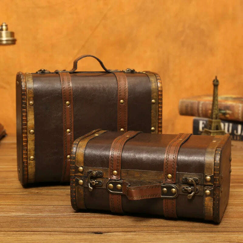 KIMLUD, Vintage Traveling Suitcase Wooden Storage Box Treasure Chest Script Props Box Photography Antique Wooden Box, KIMLUD Women's Clothes