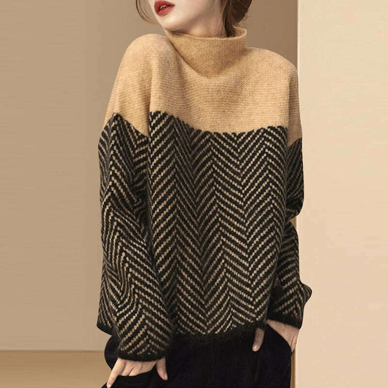 KIMLUD, Vintage Turtleneck Splice Color Loose Pullover Sweater Women Autumn Winter Long Sleeve Warm Bottomed Pullover Korean Fashion Top, Khaki / S 40-50kg, KIMLUD Women's Clothes