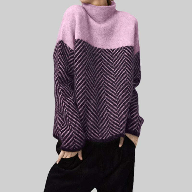 KIMLUD, Vintage Turtleneck Splice Color Loose Pullover Sweater Women Autumn Winter Long Sleeve Warm Bottomed Pullover Korean Fashion Top, Purple / S 40-50kg, KIMLUD Womens Clothes