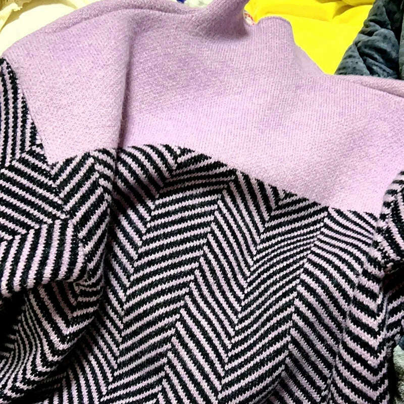 KIMLUD, Vintage Turtleneck Splice Color Loose Pullover Sweater Women Autumn Winter Long Sleeve Warm Bottomed Pullover Korean Fashion Top, KIMLUD Women's Clothes