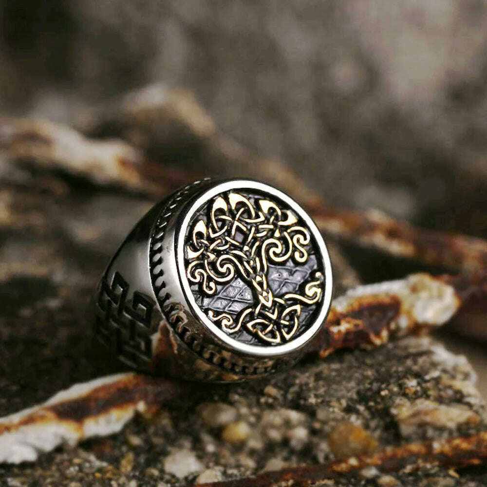 KIMLUD, Vintage Viking Tree Of Life Ring For Men Nordic Mythology Stainless Steel Yggdrasils Ring Fashion Amulet Viking Jewelry Gift, KIMLUD Womens Clothes