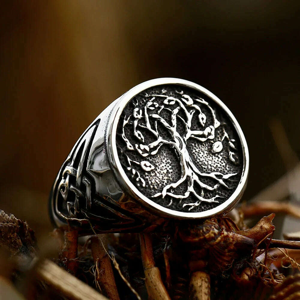 KIMLUD, Vintage Viking Tree Of Life Ring For Men Nordic Mythology Stainless Steel Yggdrasils Ring Fashion Amulet Viking Jewelry Gift, sapphire / 9, KIMLUD Womens Clothes