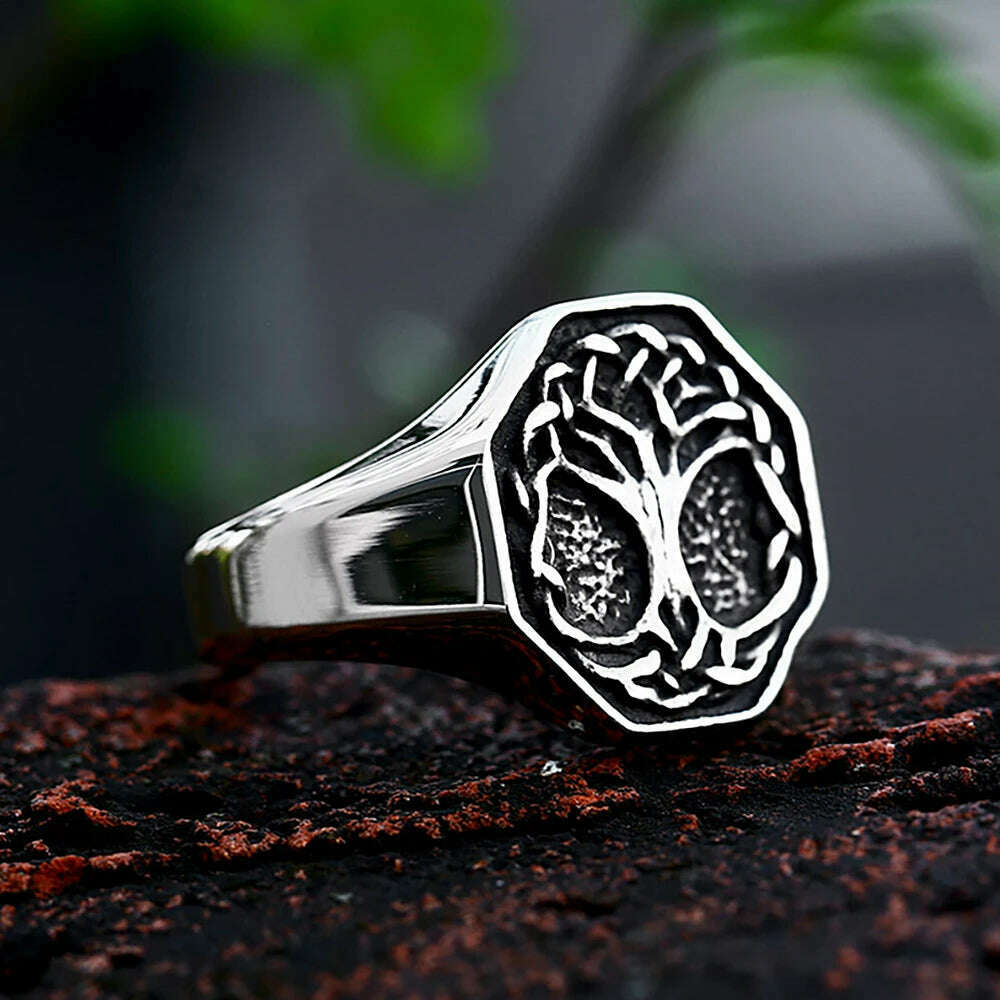 KIMLUD, Vintage Viking Tree Of Life Ring For Men Nordic Mythology Stainless Steel Yggdrasils Ring Fashion Amulet Viking Jewelry Gift, Green / 13, KIMLUD Womens Clothes