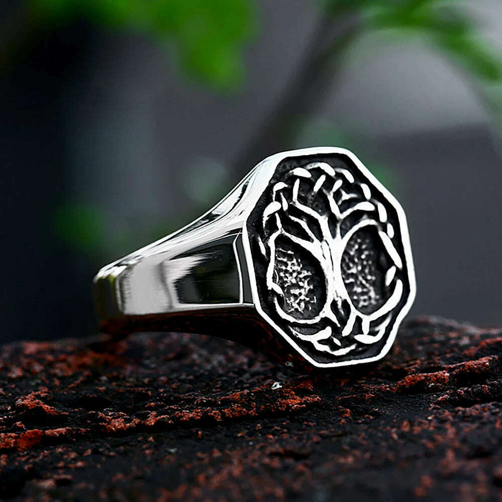 Vintage Viking Tree Of Life Ring For Men Nordic Mythology Stainless Steel Yggdrasils Ring Fashion Amulet Viking Jewelry Gift - KIMLUD