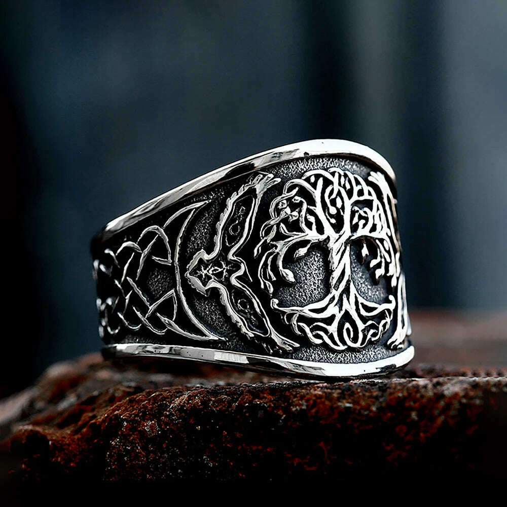KIMLUD, Vintage Viking Tree Of Life Ring For Men Nordic Mythology Stainless Steel Yggdrasils Ring Fashion Amulet Viking Jewelry Gift, Black / 12, KIMLUD Womens Clothes
