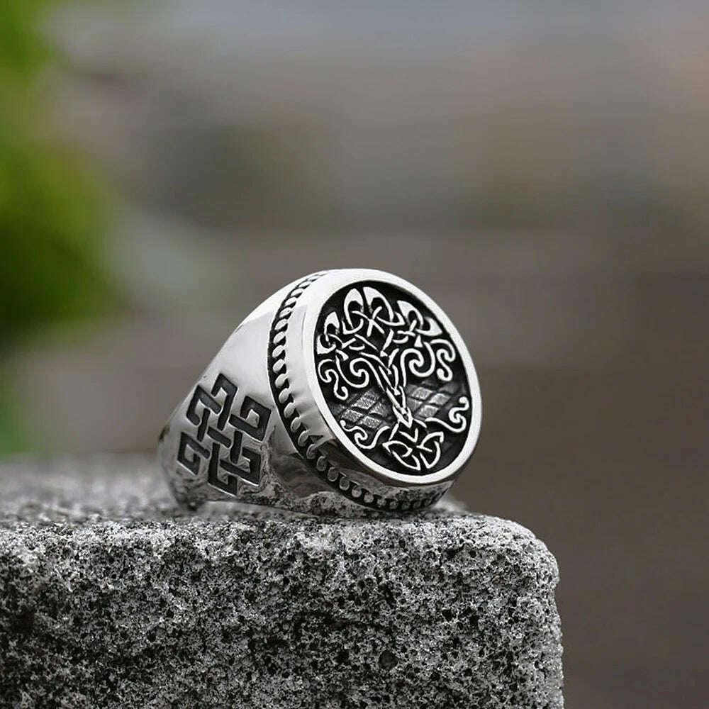 KIMLUD, Vintage Viking Tree Of Life Ring For Men Nordic Mythology Stainless Steel Yggdrasils Ring Fashion Amulet Viking Jewelry Gift, Silver / 9, KIMLUD Womens Clothes