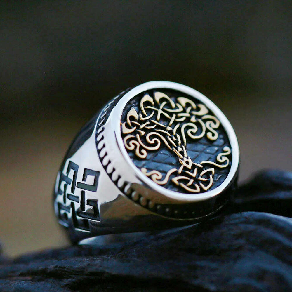 KIMLUD, Vintage Viking Tree Of Life Ring For Men Nordic Mythology Stainless Steel Yggdrasils Ring Fashion Amulet Viking Jewelry Gift, Gold / 9, KIMLUD Womens Clothes