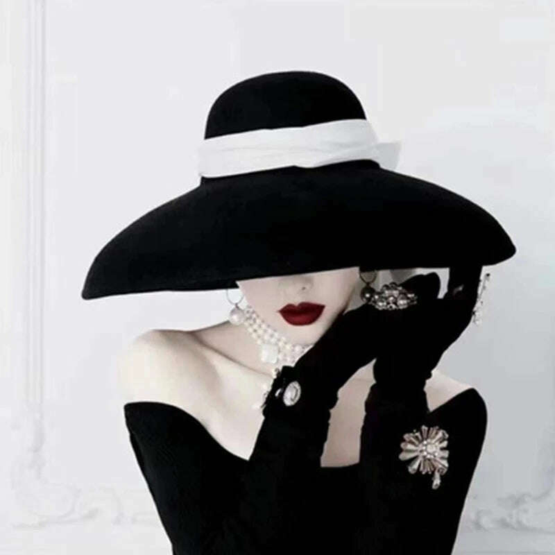 KIMLUD, Vintage Wedding Hats Black Velvet Ribbon Bridal Hats Hepburn Style Top Hat Elegant Bridal Head Accessories Fascinator Hats 2021, Black / One Size, KIMLUD Womens Clothes