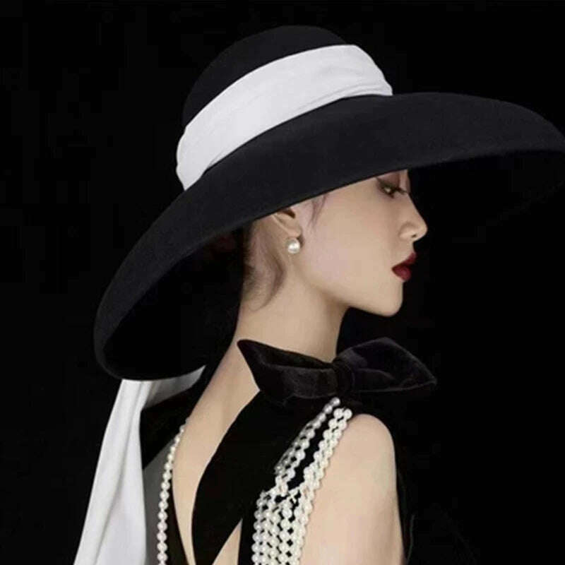 Vintage Wedding Hats Black Velvet Ribbon Bridal Hats Hepburn Style Top Hat Elegant Bridal Head Accessories Fascinator Hats 2021 - KIMLUD