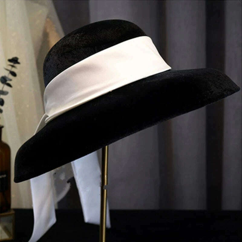 KIMLUD, Vintage Wedding Hats Black Velvet Ribbon Bridal Hats Hepburn Style Top Hat Elegant Bridal Head Accessories Fascinator Hats 2021, KIMLUD Womens Clothes