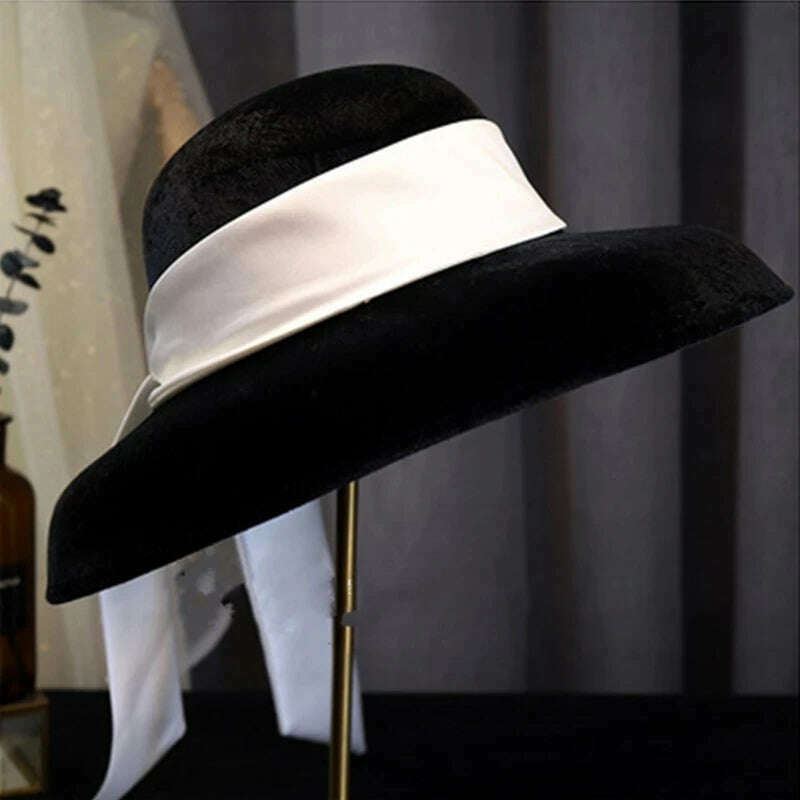 Vintage Wedding Hats Black Velvet Ribbon Bridal Hats Hepburn Style Top Hat Elegant Bridal Head Accessories Fascinator Hats 2021 - KIMLUD