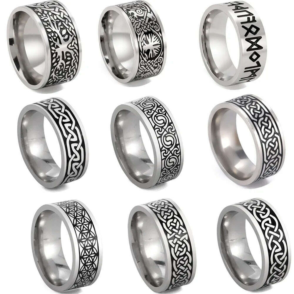 KIMLUD, Vintage Wicca Celtic Knot Weave Viking Symbols Stainless Steel Mens Women Luck Tree Rings Simple for Girl Boyfriend Jewelry Gift, KIMLUD Womens Clothes