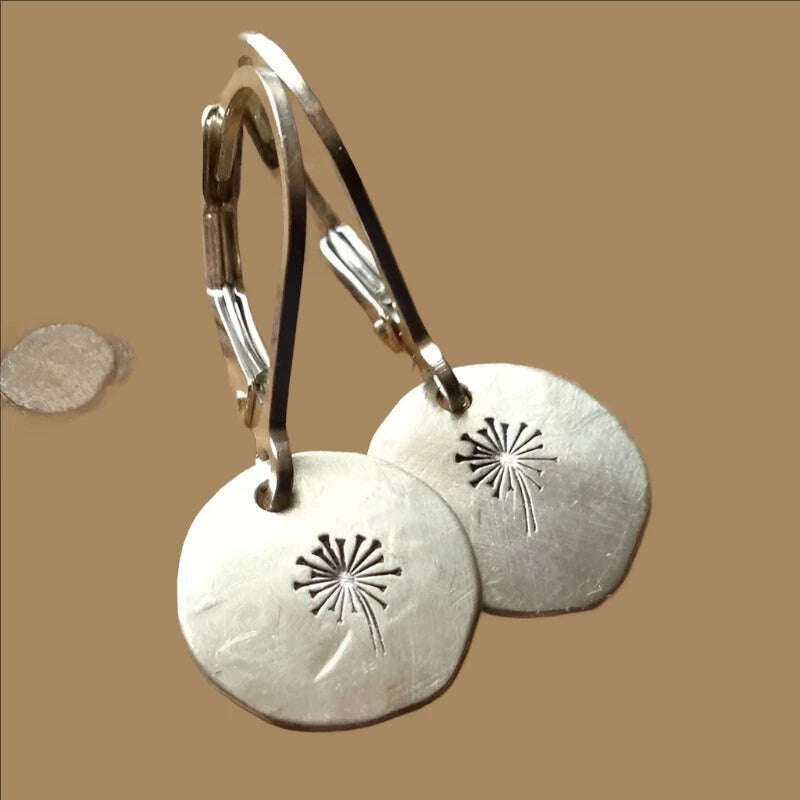 KIMLUD, Vintage Wishing Dandelion Hoop Dangle Earring for Women Silver Color Round Carved Metal Plant Flower Earring Pendientes Bijoux, KIMLUD Women's Clothes