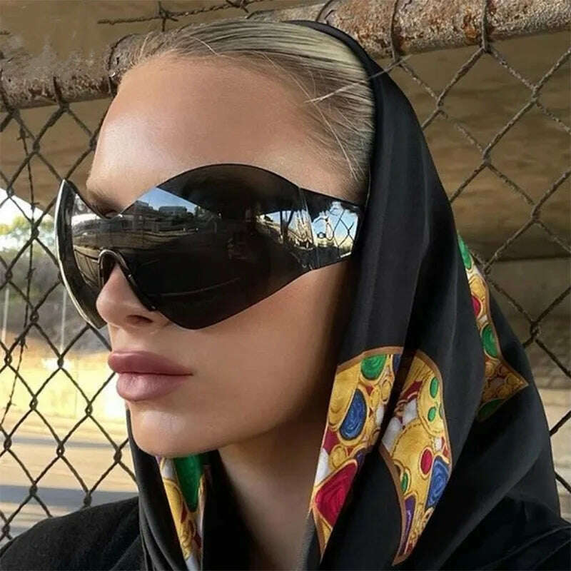 Vintage Y2K Rimless One Piece Sunglasses Women For Men Fashion Luxury Brand Design Oversized Sun Glasses Trend Punk Sport Goggle - KIMLUD