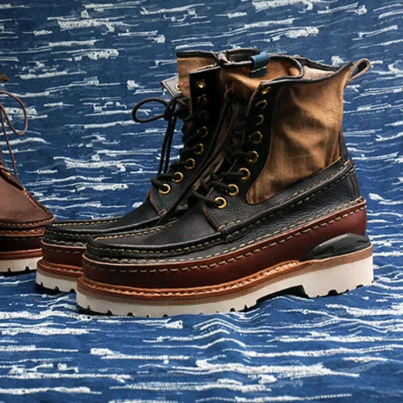 VISVIM Men's Outdoor Hiking Boots Vintage Men's Casual Leather Shoes Thick Sole Boots for Men Hiking Boots - KIMLUD