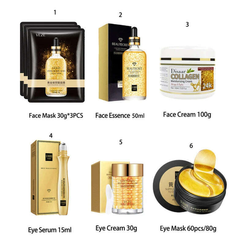 KIMLUD, Vitamin C Essence Moisturizing Whitening Cream Anti Wrinkle Eye Cream Care Firming Nourishing Korean Cosmetics Skin Care Set, 24K 6Pcs Set / Russian Federation, KIMLUD APPAREL - Womens Clothes