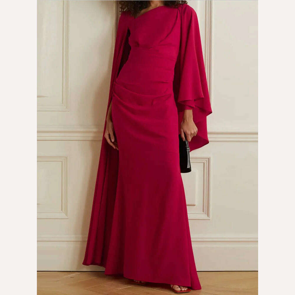KIMLUD, VKBN News Party Evening Dresses Women Casual Lantern Sleeve Wine Red Diagonal Collar Banquet Maxi Wedding Dresses for Female, Claret / L, KIMLUD Women's Clothes