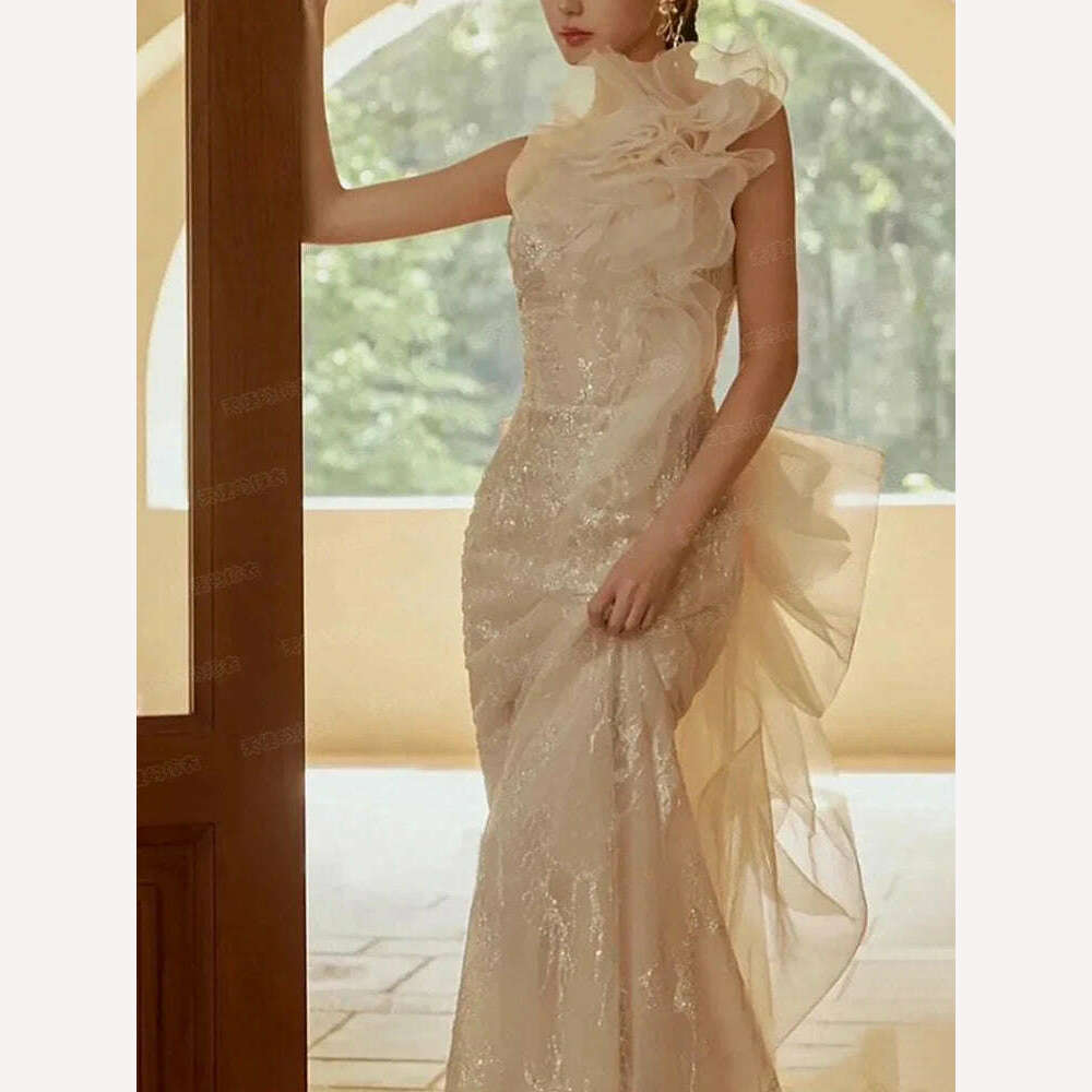 KIMLUD, VKBN Party Evening Dresses Women Casual Sleeveless Diagonal Collar Flower Banquet Wedding Prom Dresses for Female High Quality, White / XS, KIMLUD APPAREL - Womens Clothes
