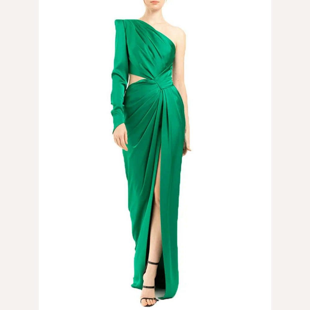 KIMLUD, VKBN Spring Autumn Party Evening Dresses Green Folds Diagonal Collar One Sleeve Fashion New 2023 Maxi Dress Women, KIMLUD Womens Clothes