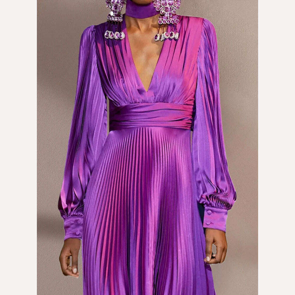 KIMLUD, VKBN Spring Summer News Evening Dresses Full Lantern Sleeve Purple Occasion Stylish Design Banquet Draped Dress, KIMLUD Women's Clothes