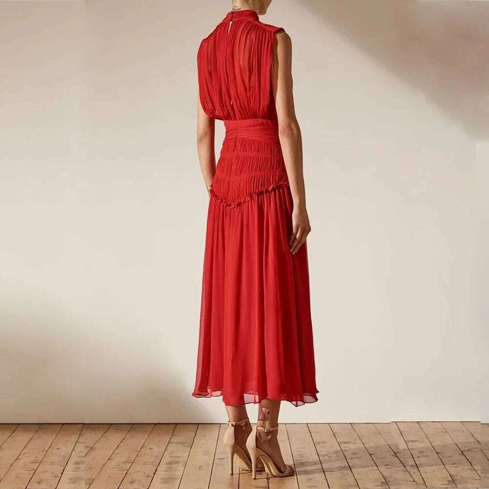 KIMLUD, VKBN Summer Dress Women Casual Half High Collar Sleeveless Ruched Stylish and Elegant Party Maxi Dress, KIMLUD Womens Clothes