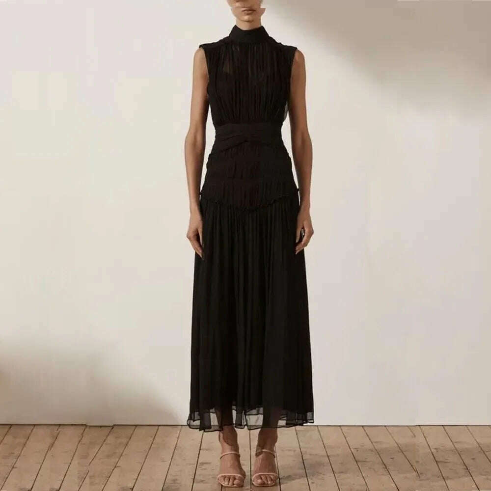 KIMLUD, VKBN Summer Dress Women Casual Half High Collar Sleeveless Ruched Stylish and Elegant Party Maxi Dress, KIMLUD Womens Clothes