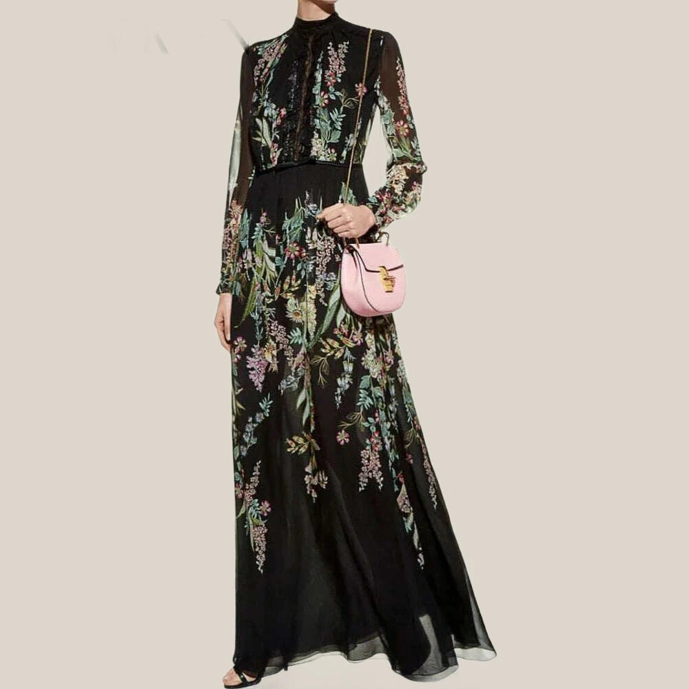 KIMLUD, VKBN Summer formal occasion Dresses Women Black Printing Lantern Sleeve High Waist Party Maxi Dress Female Elegant, KIMLUD Womens Clothes