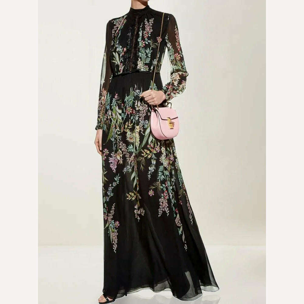 KIMLUD, VKBN Summer formal occasion Dresses Women Black Printing Lantern Sleeve High Waist Party Maxi Dress Female Elegant, black / L, KIMLUD APPAREL - Womens Clothes