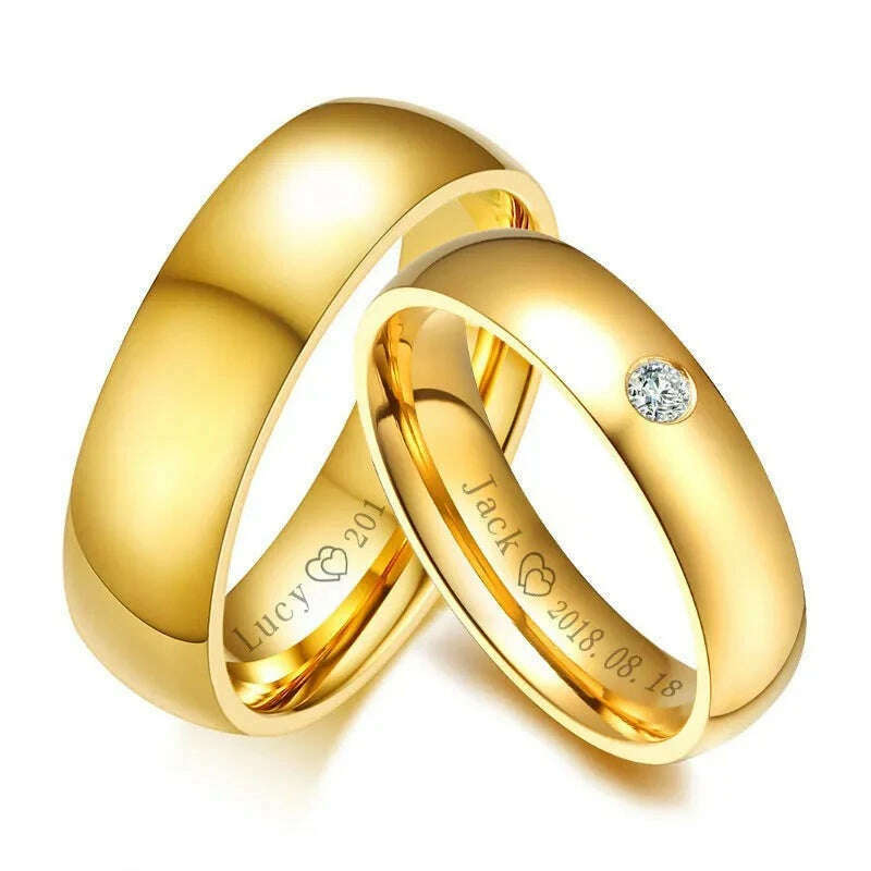 Vnox Classic Wedding Rings for Women Men Gold Color Stainless Steel Couple Band Anniversary Personalized Name Lovers Gift - KIMLUD