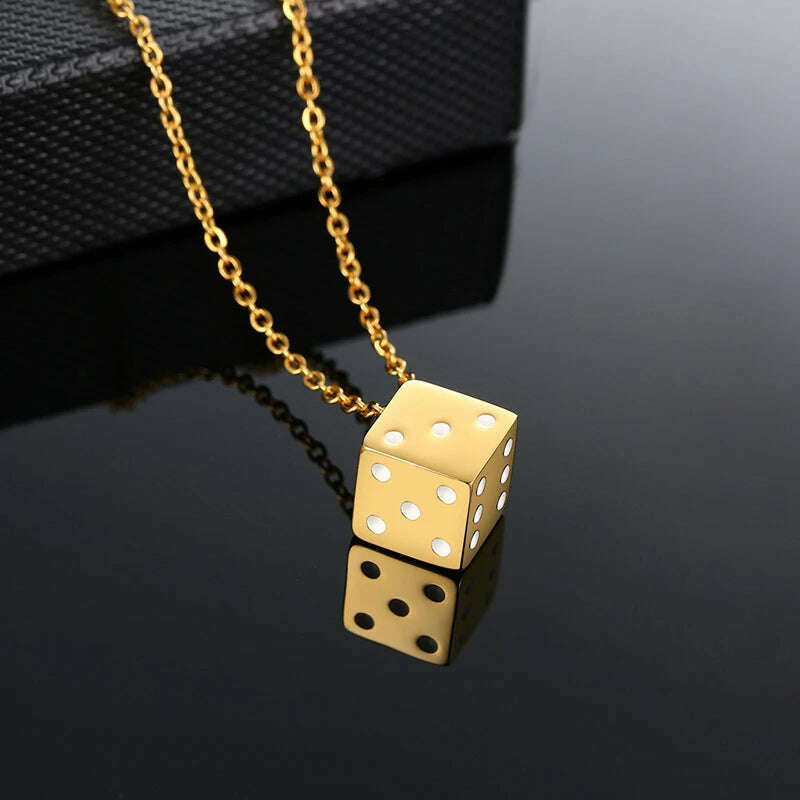 KIMLUD, Vnox Men's Cool Cube Dice Style Necklaces Stainless Steel Male Lucky Gifts for Him Jewelry, Gold Color, KIMLUD Womens Clothes