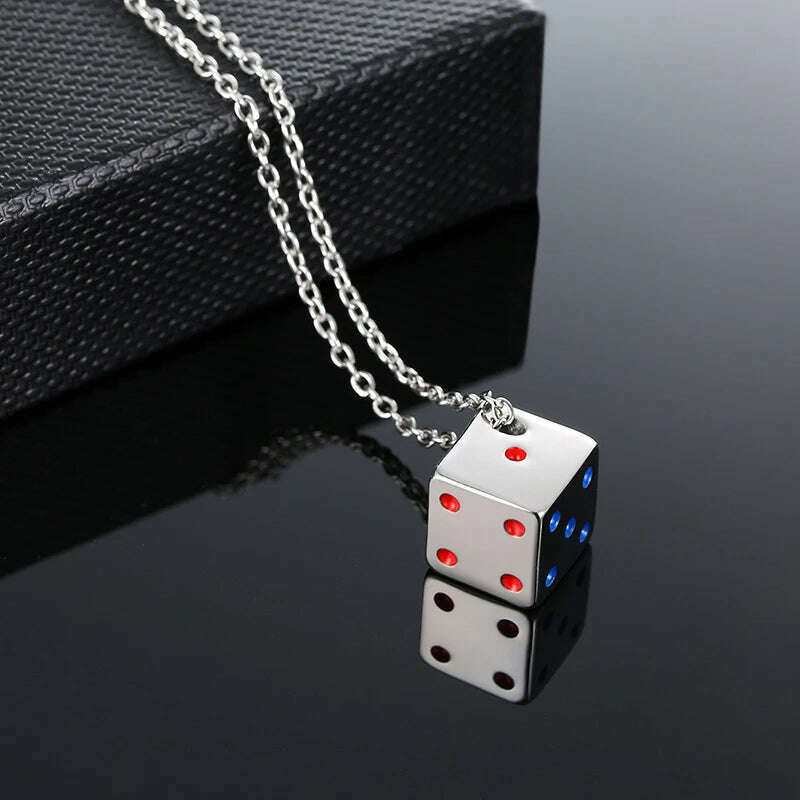 KIMLUD, Vnox Men's Cool Cube Dice Style Necklaces Stainless Steel Male Lucky Gifts for Him Jewelry, Silver Color, KIMLUD Womens Clothes