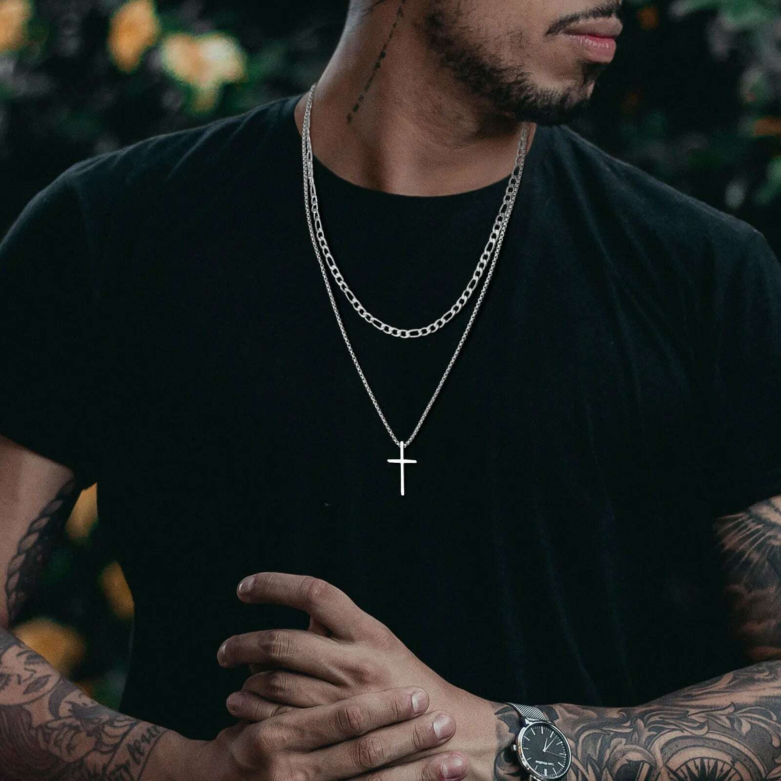 KIMLUD, Vnox Mens Cross Necklaces, Stainless Steel Layered Plain Cross Pendant, Rope Box Chain Necklace, Simple Prayer Jesus Collar, KIMLUD Womens Clothes